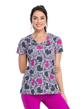 HeartSoul Paisley Women's Scrub Top Size XS HS610 Contemporary V neck Gray Pink
